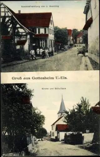 Ak Gottesheim Elsass Bas Rhin, Spezereihandlung, Kirche, Schule