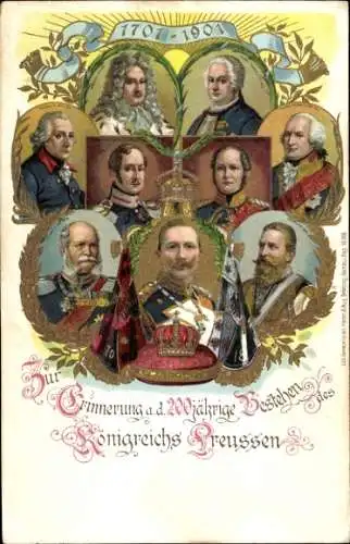 Präge Litho 200 Jahre Königreich Preußen 1701-1901, Kaiser Wilhelm II, König Friedrich II