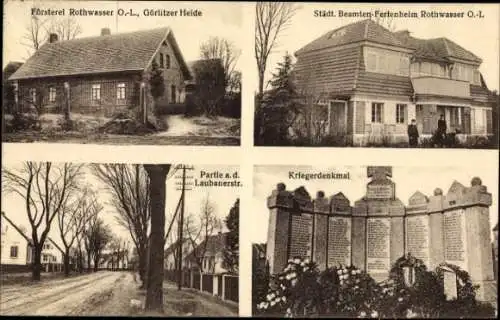 Ak Czerwona Woda Rothwasser Schlesien, Försterei, Beamten-Ferienheim, Laubanerstraße, Kriegerdenkmal