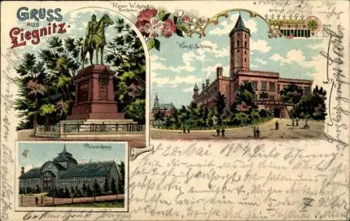 Litho Legnica Liegnitz Schlesien, Kaiser Wilhelm Denkmal, Schloss, Palmenhaus