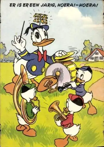 Ak Walt Disney, Donald Duck und Neffen musikzieren, Glückwunsch