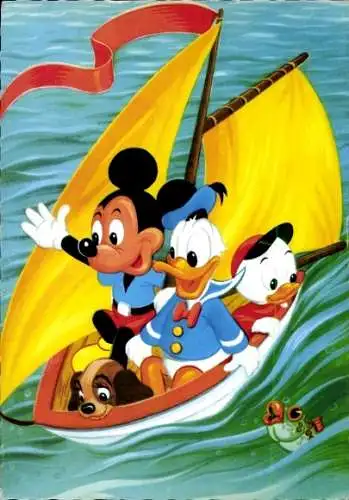 Ak Walt Disney, Micky Maus, Donald Duck, Segelboot