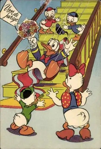Ak Walt Disney, Donald Duck rutscht Treppe hinunter, Neffen, Daisy Duck