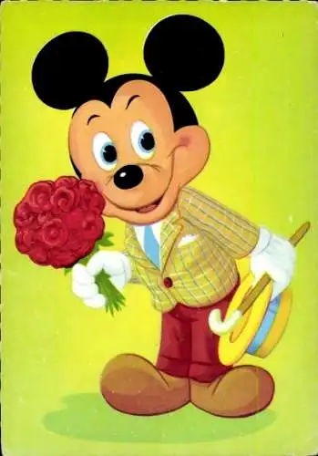 Ak Walt Disney, Micky Maus mit Blumenstrauß