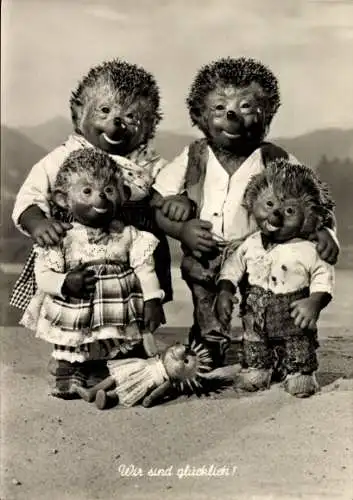 Ak Mecki der Igel, Wir sind glücklich, Mecki mit Familie, Puppe