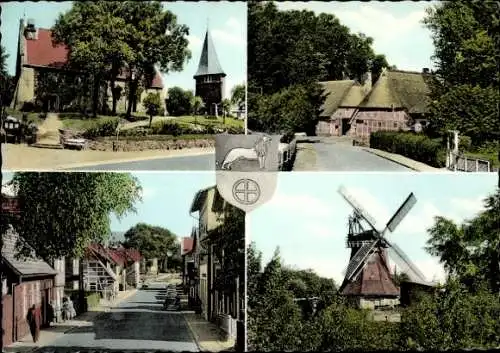 Ak Hittfeld Seevetal in Niedersachsen, Windmühle, Wappen, Teilansicht, Fachwerkhaus