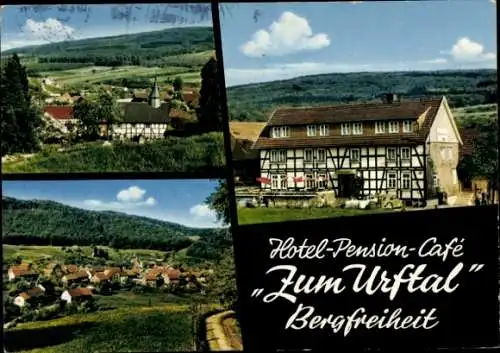 Ak Bergfreiheit Bad Wildungen in Hessen, Café zum Urftal, Fachwerkhaus, Panorama