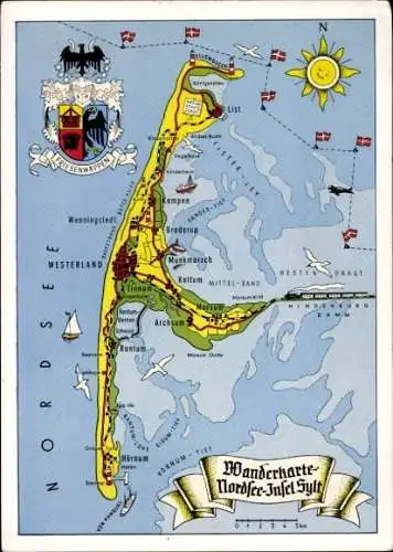 Ak Insel Sylt in Nordfriesland, Landkarte, Friesenwappen