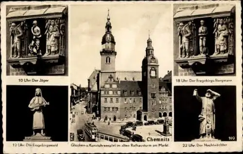 Ak Chemnitz Sachsen, Glocken und Kunstuhrenspiel im alten Rathaus, Figuren, Straßenbahn