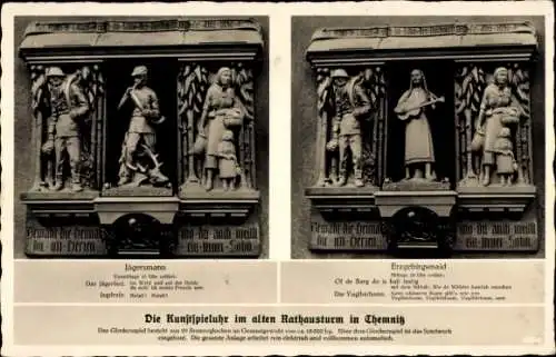 Ak Chemnitz Sachsen, Kunstspieluhr am alten Rathausturm, Jägersmann, Erzgebirgsmaid, Relief