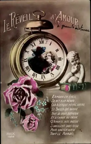 Ak Liebespaar, Wecker, Rosen