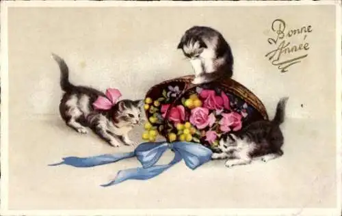 Ak Glückwunsch Neujahr, Drei Katzen mit einem Blumenkorb