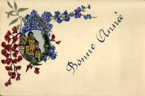 Handgemalt Ak Glückwunsch Neujahr, Ortschaft und Blüten