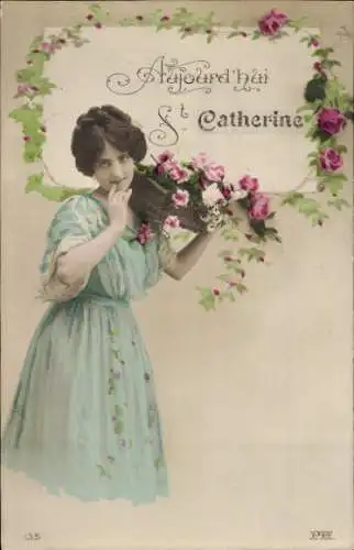 Ak Namenstag, Sainte Catherine, Frau mit Blumen