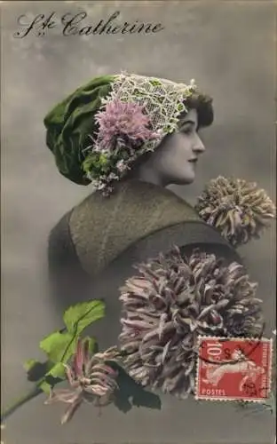 Ak Namenstag, Sainte Catherine, Frauenbildnis, Blumen