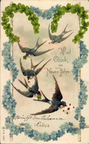 Litho Glückwunsch Neujahr, Schwalben, Hufeisen aus Kleeblättern, Vergissmeinnichtblüten