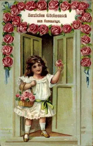 Ak Glückwunsch Namenstag, Mädchen mit Blumenkorb, Rosen
