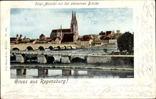 Ak Regensburg an der Donau Oberpfalz, Gesamtansicht, steinerne Brücke