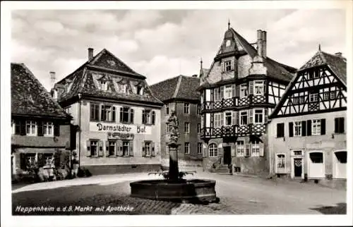 Ak Heppenheim an der Bergstraße, Markt, Apotheke, Fachwerkhäuser, Darmstädter Hof, Brunnen