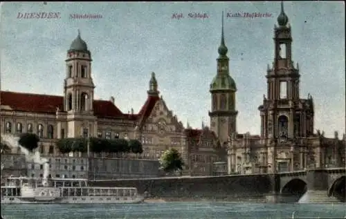 Ak Dresden Altstadt, Ständehaus, königliches Schloss, katholische Hofkirche, Dampfschiff