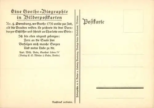 Künstler Ak Dornburg an der Saale Thüringen, Goethe-Biographie in Bilderpostkarten, Gesamtansicht