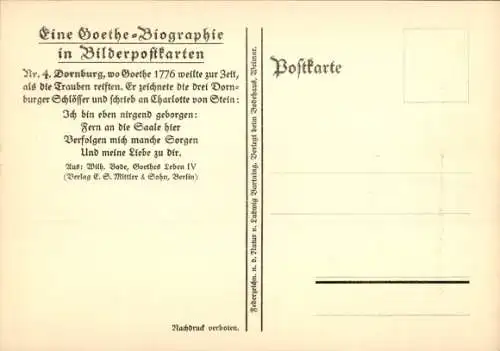 Künstler Ak Dornburg an der Saale Thüringen, Goethe-Biographie in Bilderpostkarten, Gesamtansicht