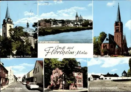 Ak Flörsheim am Main, Kirche St. Gallus, Ev. Stadtkirche, Wickerer Straße, Rathaus, Panorama