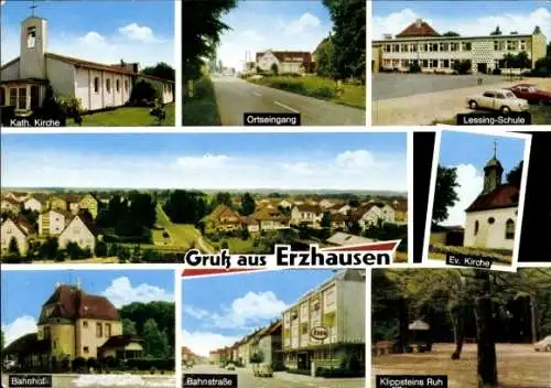 Ak Erzhausen in Hessen, Kirche, Bahnhof, Lessing-Schule, Bahnstraße, Klippsteins Ruh