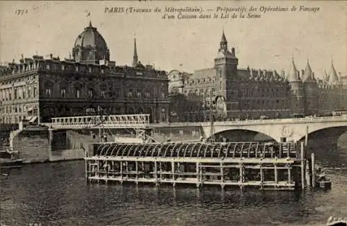 Ak Paris VI, Metropolitan Works, Untergang des zentralen Senkkastens im großen Arm der Seine