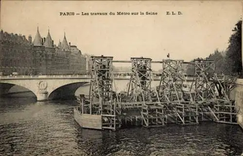 Ak Paris I Louvre, Metroarbeiten an der Seine