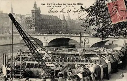 AK U-Bahn Paris, Metroarbeiten an der Seine, Brücke
