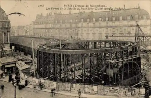 Ak Paris VI., Metropolitain Works, Die Bauernhöfe des Bahnhofs Place Saint Michel