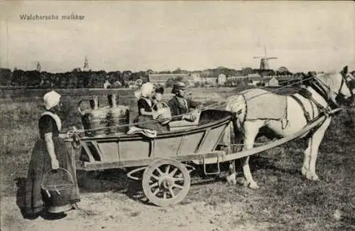Ak Walcheren Zeeland, Melkkar, Milchkarren, Personen in Trachten, Windmühle