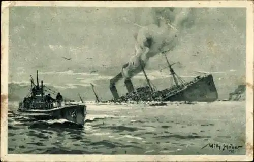 Künstler Ak Stöwer, Willy, Deutsches U-Boot, Versenkung eines feindlichen Truppentransportdampfers