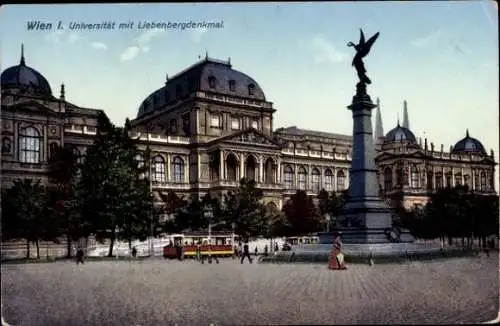 Ak Wien Altstadt, Universität mit Liebenberg Denkmal, Straßenbahn