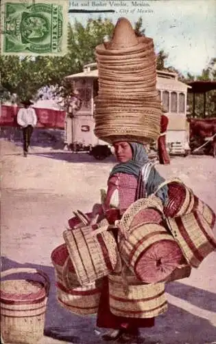 Ak Mexiko, Hat and Basket Vendor, Hut- und Korbverkäuferin