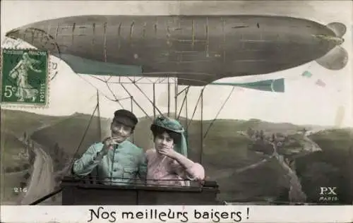 Ak Mann und Frau in einem Luftschiff, Fotomontage