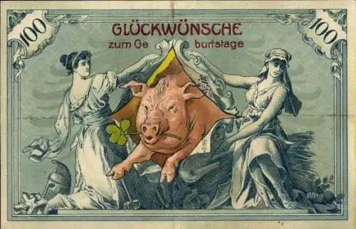 Litho Glückwunsch Geburtstag, Schwein springt durch einen Geldschein