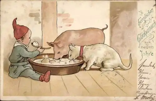 Litho Glückwunsch Neujahr, Schwein, Katze und Kind fressen aus einem Napf