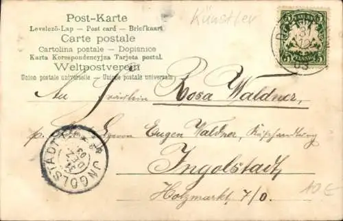 Litho Glückwunsch Neujahr, Schwein, Katze und Kind fressen aus einem Napf