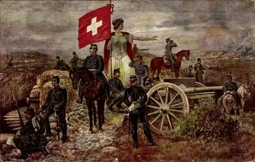 Künstler Ak Weiss, R., Helvetia beschützt ihre Söhne, Soldaten, Fahne, Schweiz