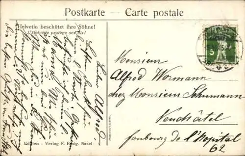 Künstler Ak Weiss, R., Helvetia beschützt ihre Söhne, Soldaten, Fahne, Schweiz