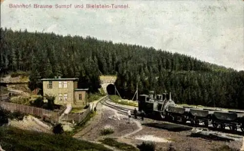 Ak Blankenburg am Harz, Bahnhof Braune Sumpf und Bielsteintunnel, Harz Zahnradbahn