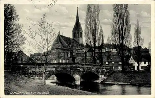 Ak Ditfurt am Harz, an der Bode, Brücke, Kirche