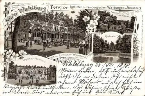 Litho Ahrensburg in Holstein, Hotel Waldburg, Logierhaus, Park, Karpfenteich