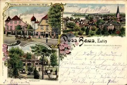 Litho Eutin in Ostholstein, Wohnhaus des Dichters Joh. Heinr. Voss, Gartenansicht, Stadtpanorama