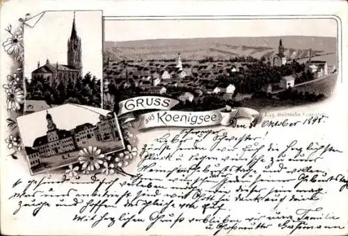 Litho Königsee in Thüringen, Rathaus, Kirche, Ortspanorama