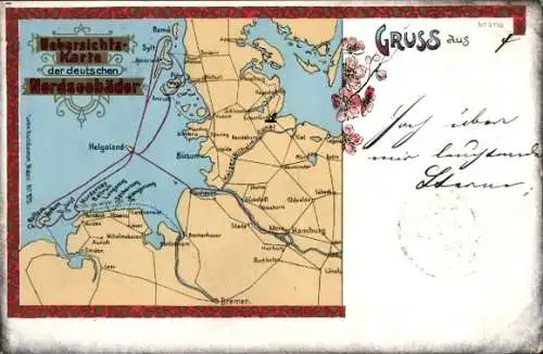 Landkarten AK Cuxhaven, Landkarte mit deutschen Nordseebädern