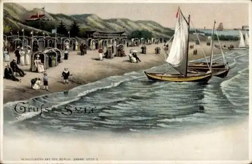 Litho Insel Sylt in Nordfriesland, Blick auf den Strand, Segelboote