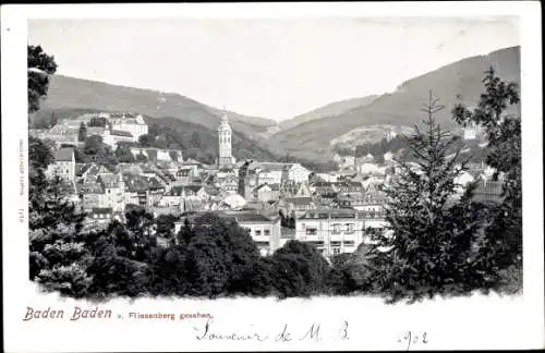 Ak Baden Baden am Schwarzwald, Teilansicht der Stadt, Kirchturm, Blick vom Fliesenberg aus